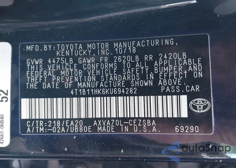 2019 Toyota Camry Se from USA, damaged, VIN 4T1B11HK6KU694282